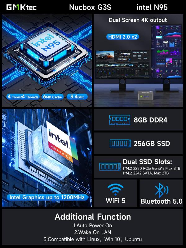Mini PC GMKtec N95 8GB DDR4 256GB SSD HDMI duplo 4K - Mini PC